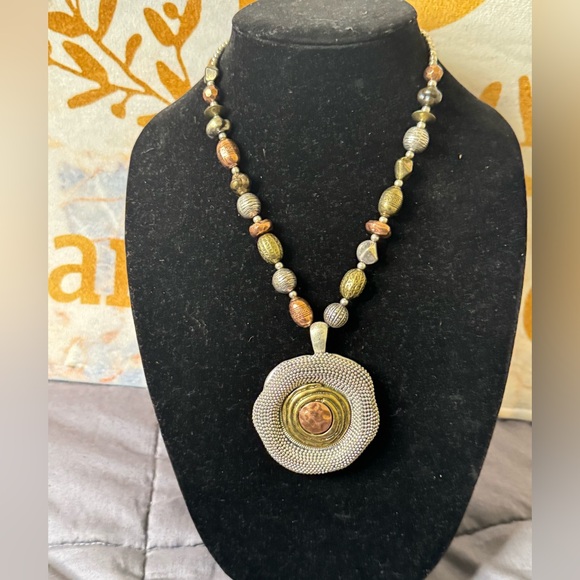 Handmade Jewelry - Boho Mixed Metal Statement Necklace w/ Large Textured Pendant